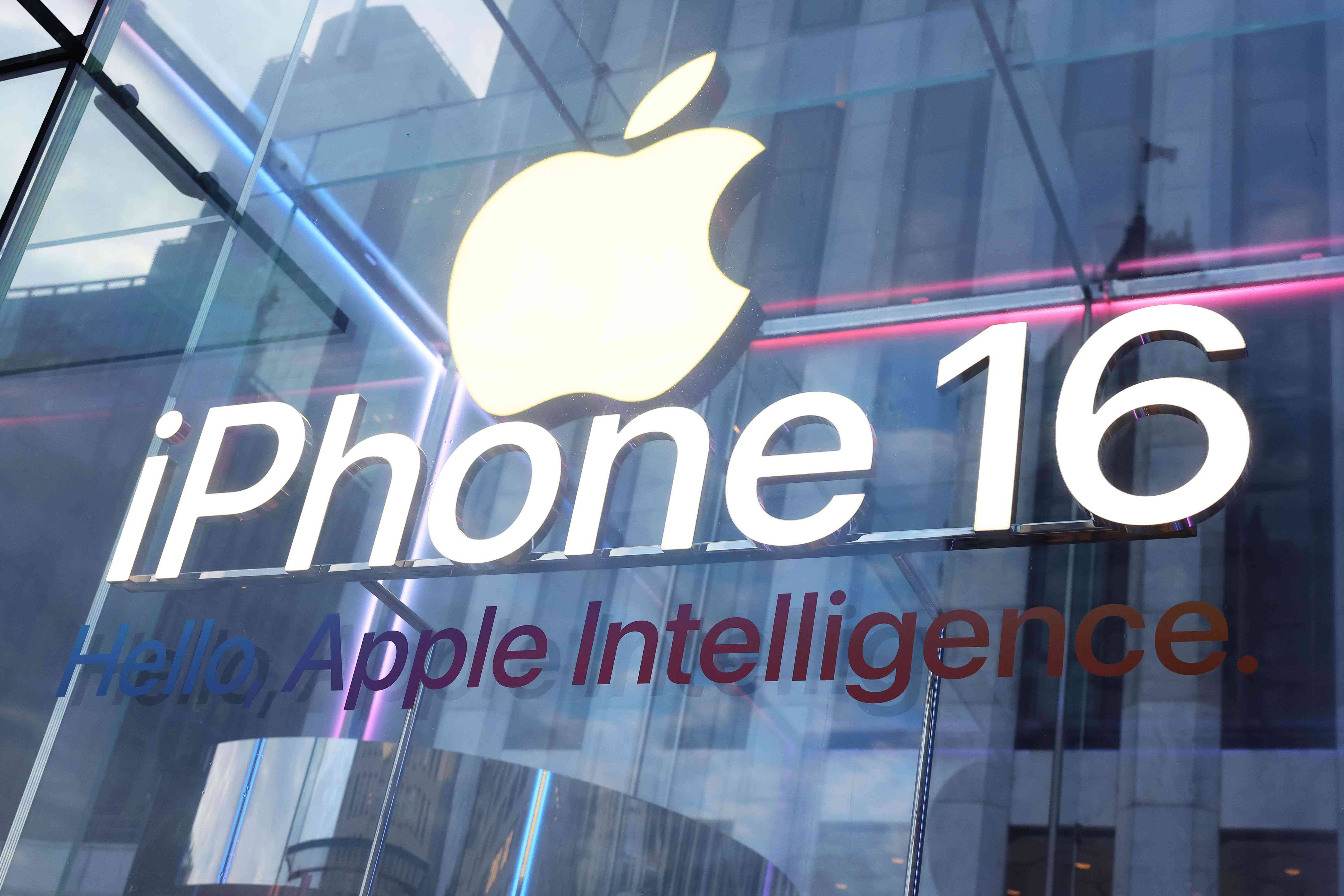 An iPhone 16 sign outside a New York City Apple store in September 2024