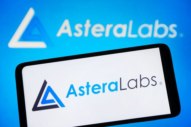 Astera Labs logo shown on a smartphone and PC screen