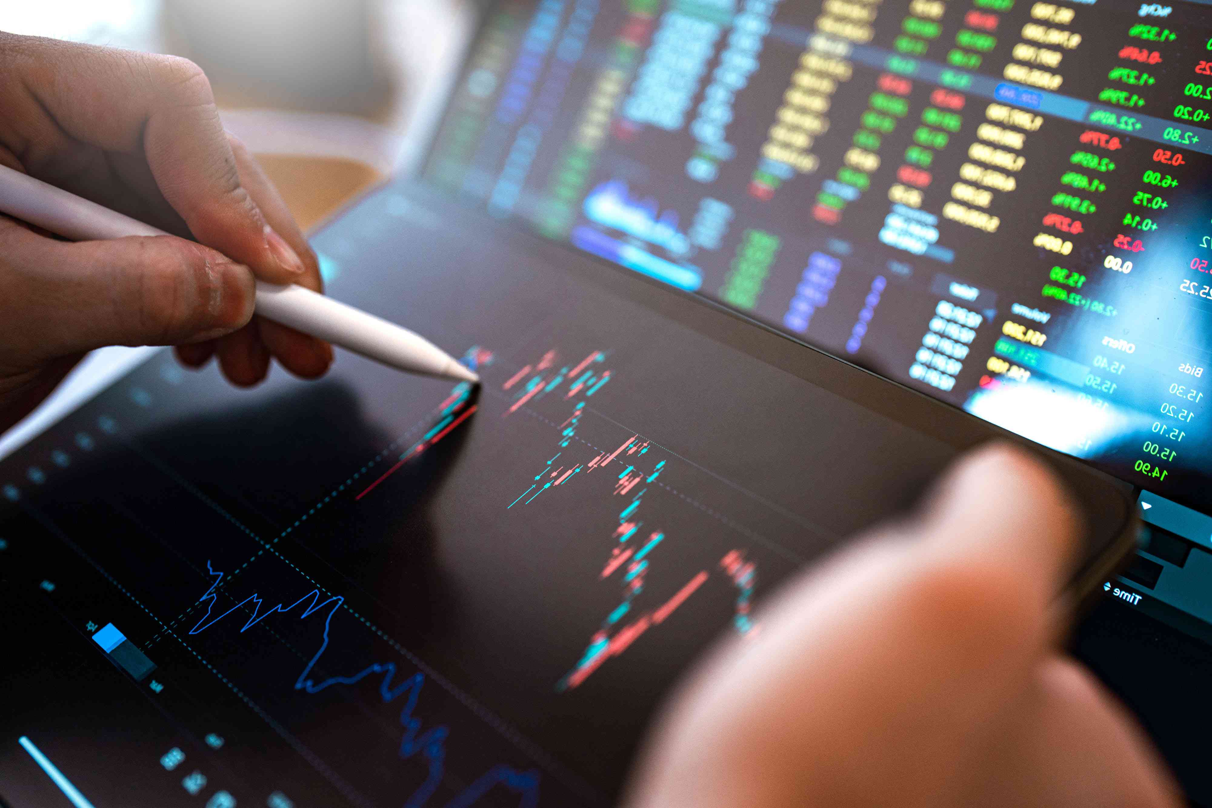 Market Analyze with Digital Monitor focus on tip of finger