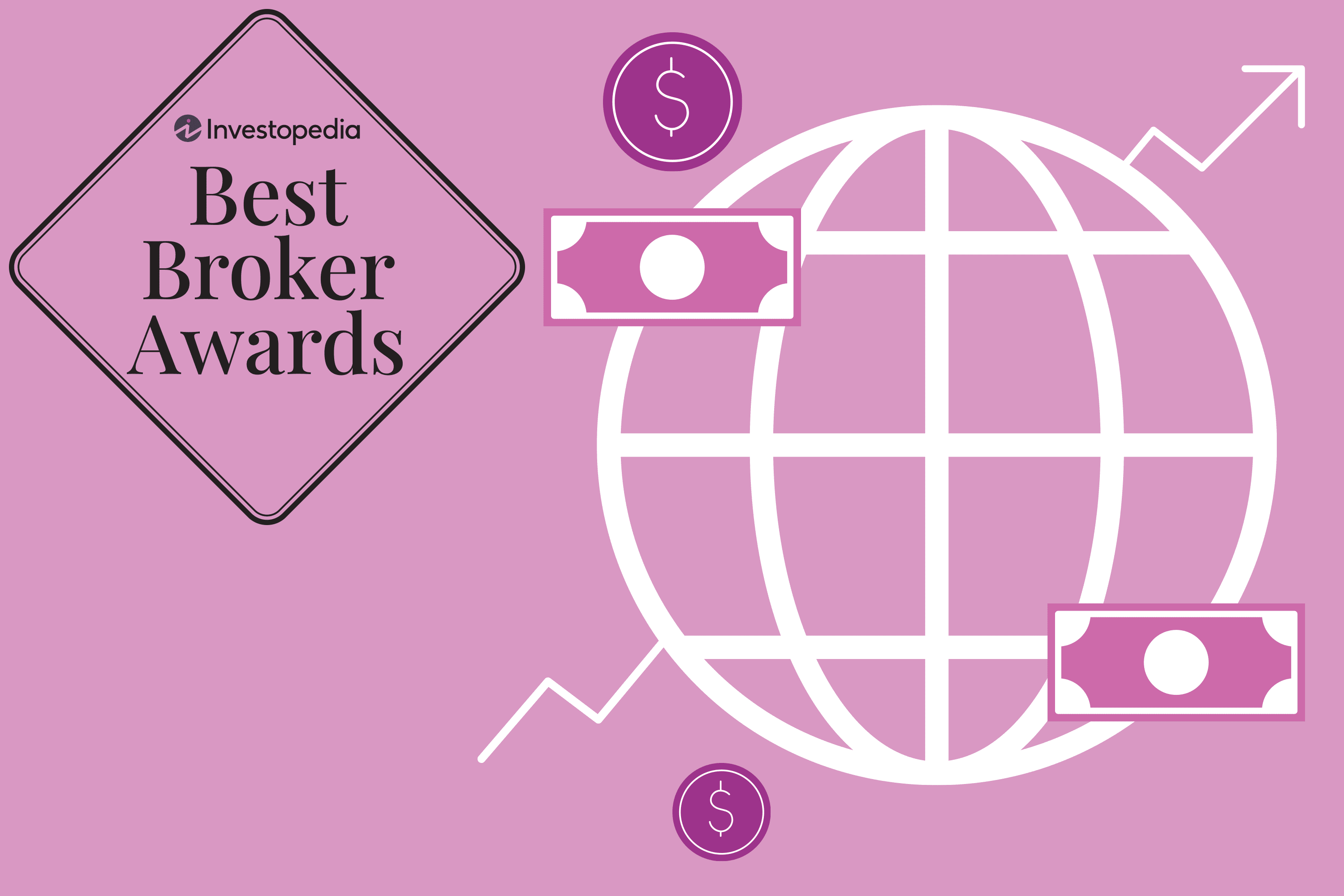 Image shows "Best Broker Awards" in top left corner, with different forms of currency floating around a globe outline to the right.